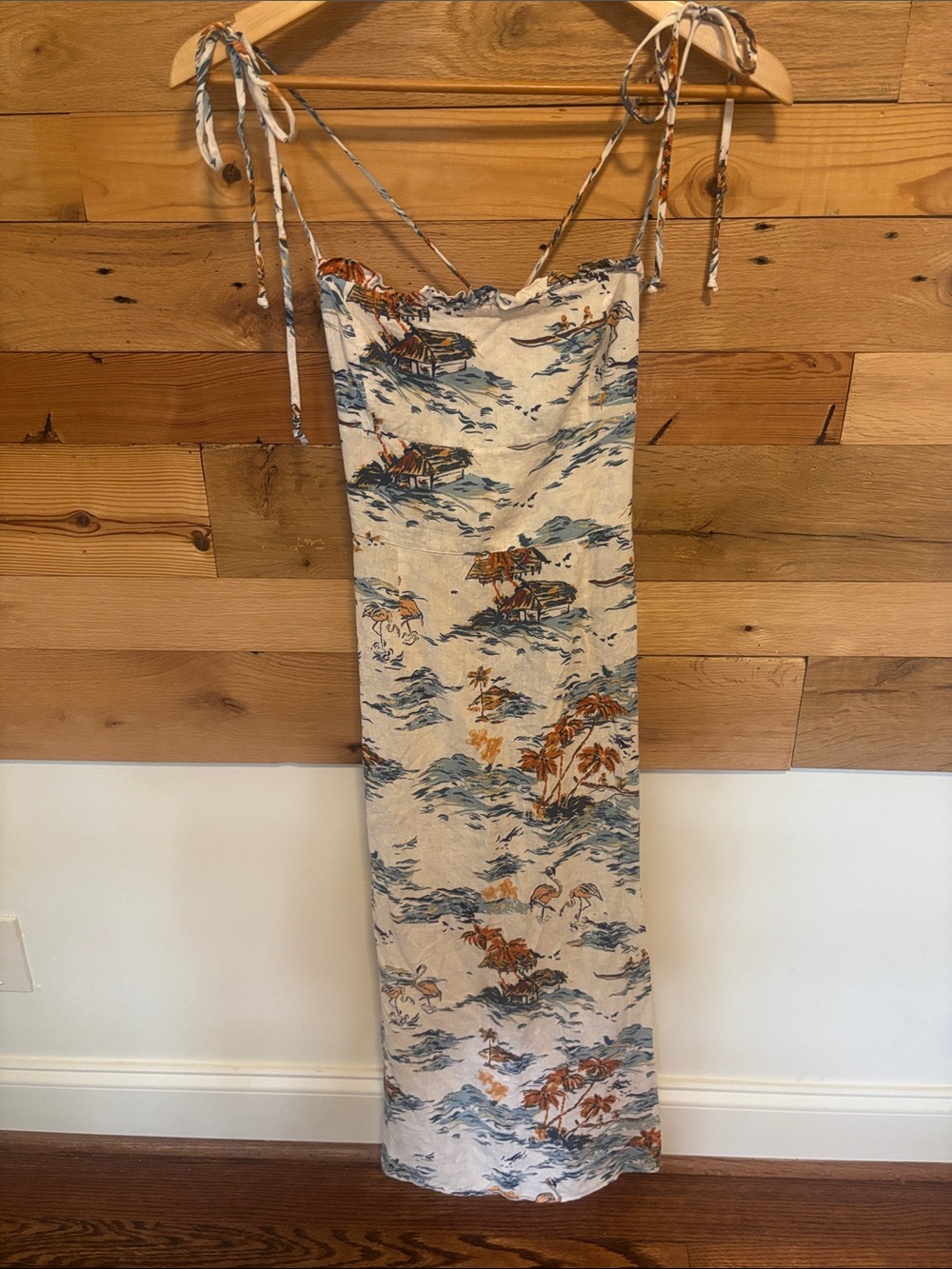 Free People Cream Floral Beach Print Slip Dress with Blue & Rust Accents